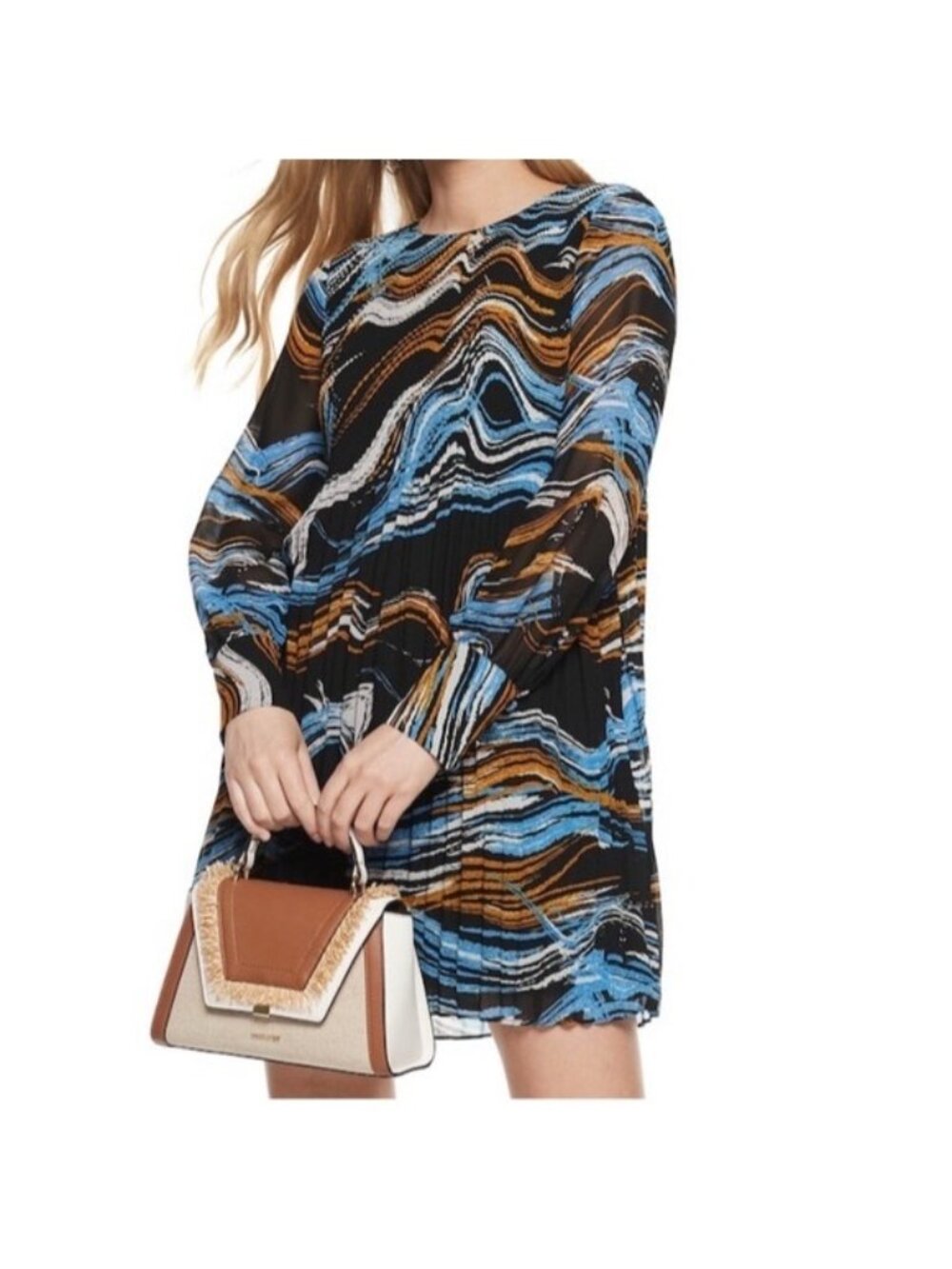 Nine West Blue Abstract Print Pleated Long Sleeve Chiffon Shift Dress Size XL